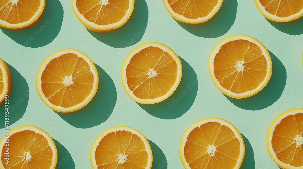 Uniform pattern of orange slices on a lemongreen flat surface, background Uniform pattern of orange slices on a lemongreen flat surface, background