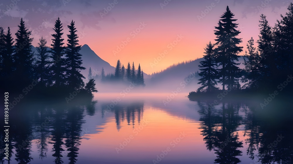Serene Sunset Over Misty Lake Surrounded by Majestic Pines Serene Sunset Over Misty Lake Surrounded by Majestic Pines