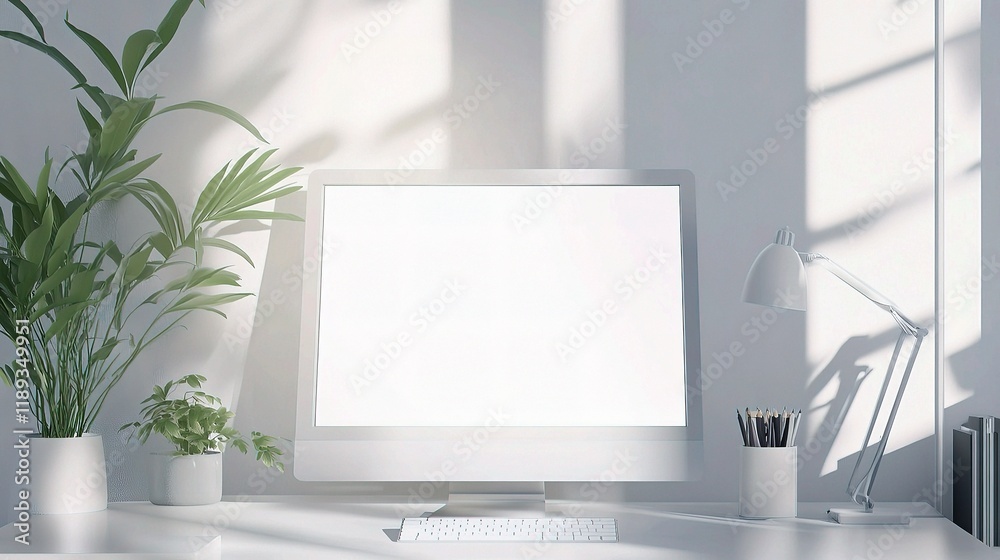 Fototapeta premium Modern Corporate Workspace Mockup with Blank Screen and Plants