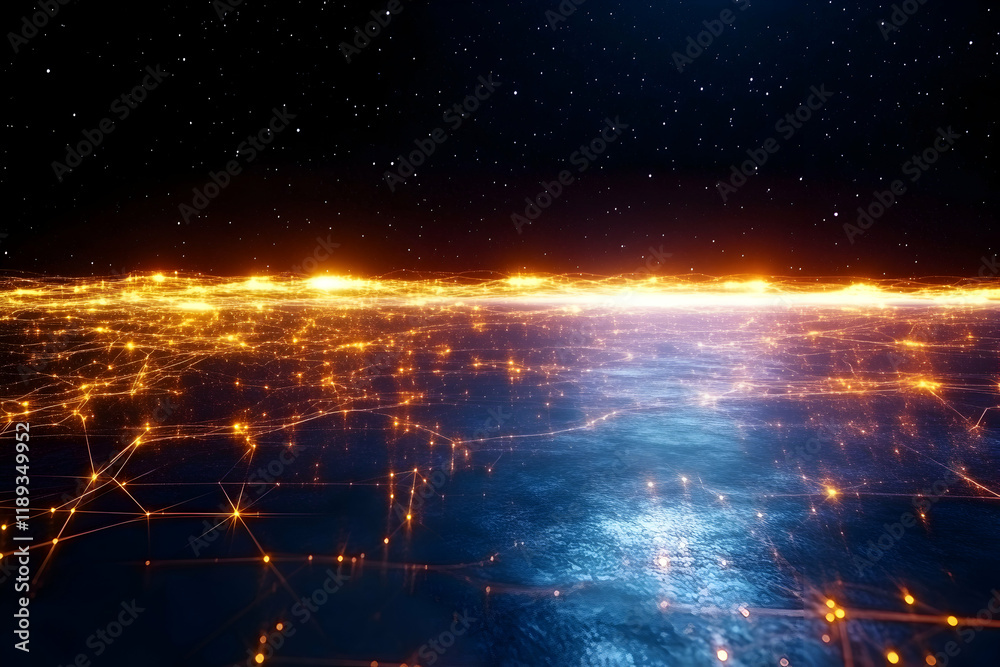 Fototapeta premium Global network connections at night, illuminated cities, starry sky background. Useful for technology or travel websites