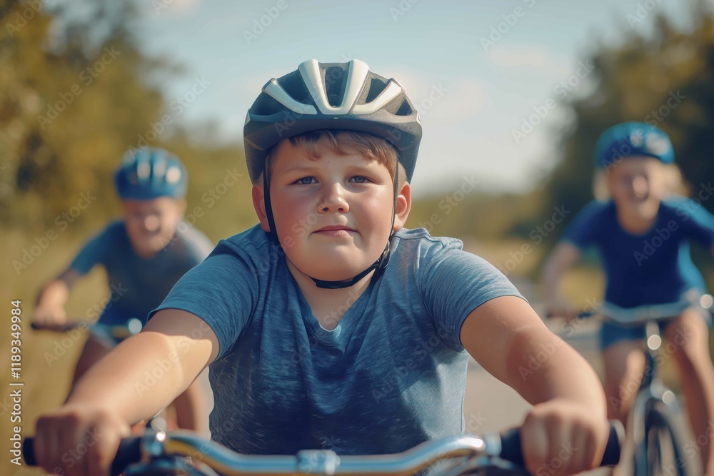 Naklejka premium Overweight kid enjoying cycling with his friends wearing helmet. Healthy lifestyle concept