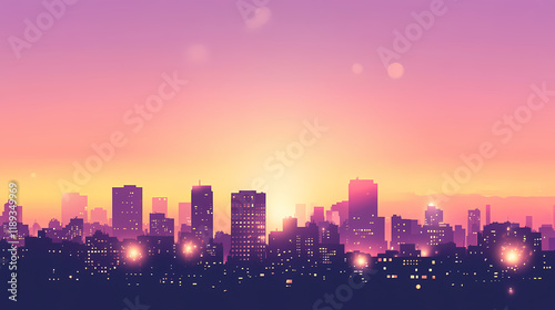 Urban skyline at dusk with purple pink skies and soft lights. Duskfall. Illustration