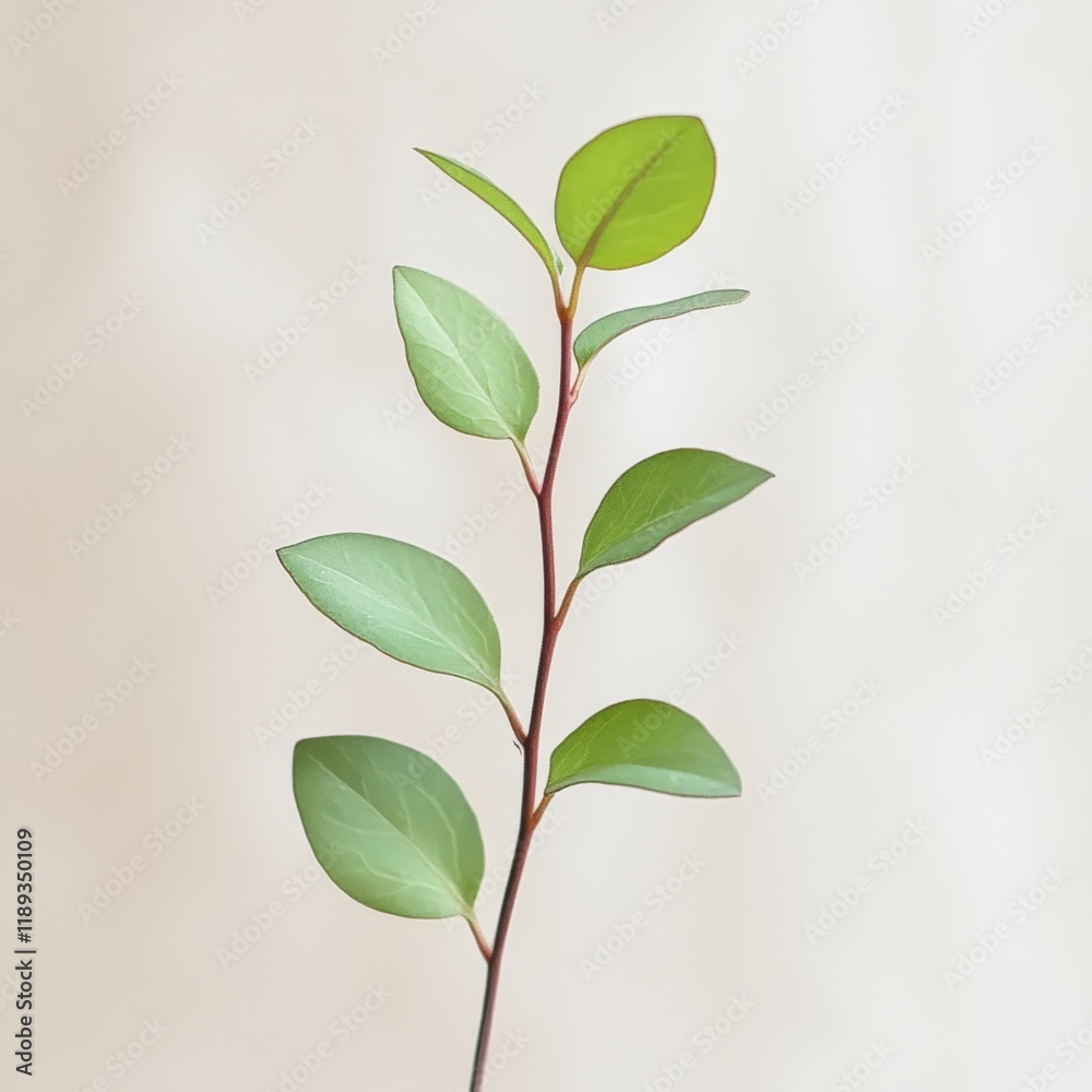 Obraz premium single green plant stem with leaves against a plain background