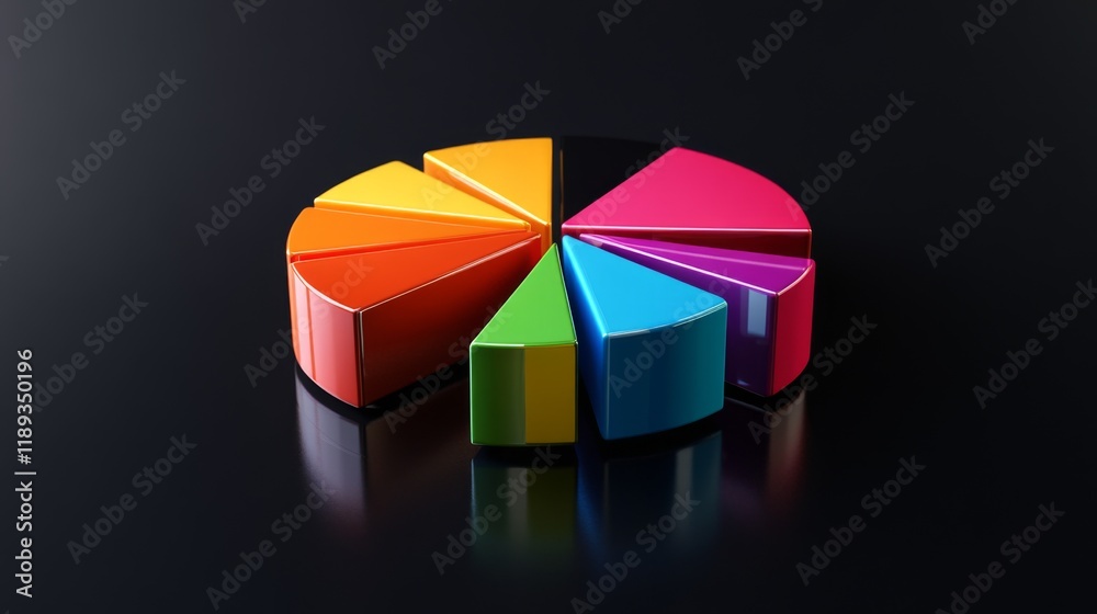 Obraz premium A vibrant D pie chart displaying different market shares, with glossy segments in various colors, set against a sleek dark background for a modern look.