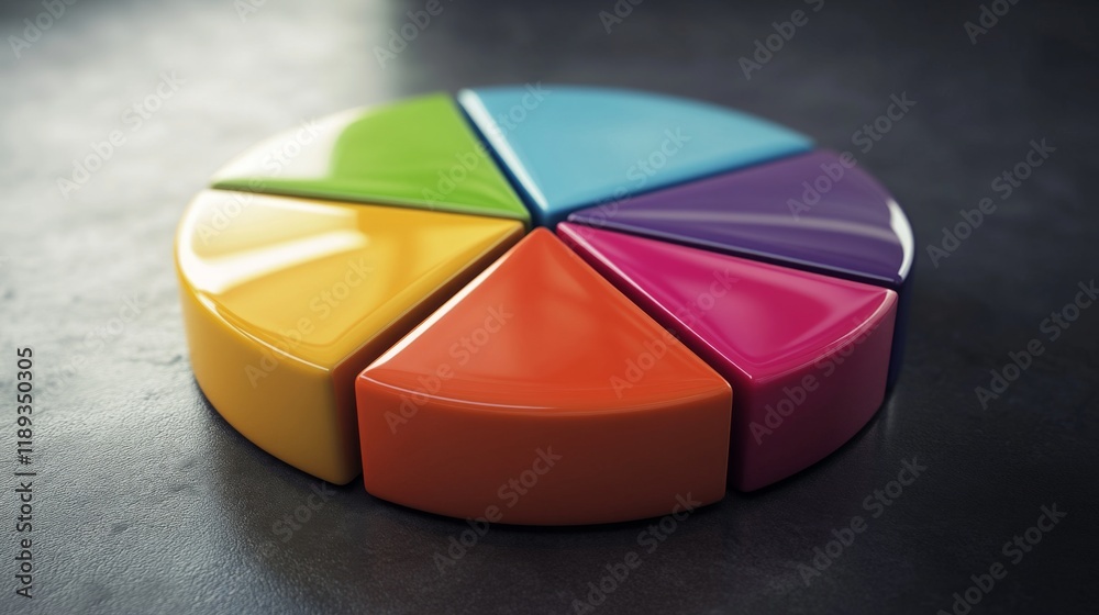 Obraz premium A vibrant D pie chart displaying different market shares, with glossy segments in various colors, set against a sleek dark background for a modern look.