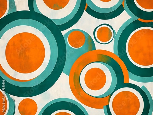 Retro 1960s mod-style pattern with circles and lines, vibrant orange, turquoise, and white