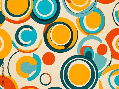 Retro 1960s mod-style pattern with circles and lines, vibrant orange, turquoise, and white