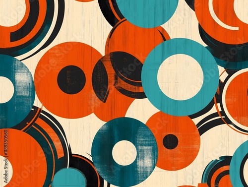Retro 1960s mod-style pattern with circles and lines, vibrant orange, turquoise, and white