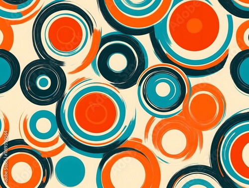 Retro 1960s mod-style pattern with circles and lines, vibrant orange, turquoise, and white