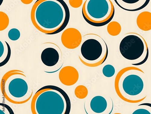 Retro 1960s mod-style pattern with circles and lines, vibrant orange, turquoise, and white