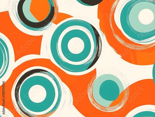 Retro 1960s mod-style pattern with circles and lines, vibrant orange, turquoise, and white