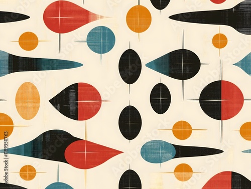 Retro futuristic pattern with atomic-style shapes and mid-century modern color palette