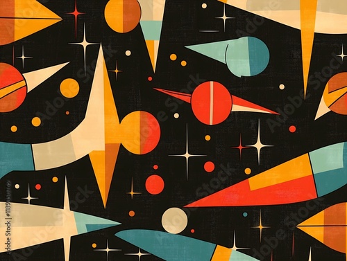 Retro futuristic pattern with atomic-style shapes and mid-century modern color palette