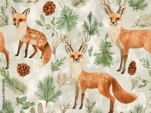Rustic woodland pattern with foxes, deer, and pinecones, vintage muted greens and browns