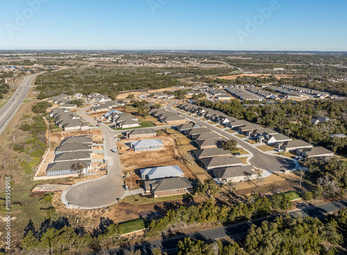 Drone view of construction site for new over-55 homes near Georgetown in Texas