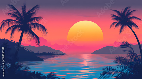 Vibrant sunset over tranquil ocean landscape. Duskfall. Illustration photo