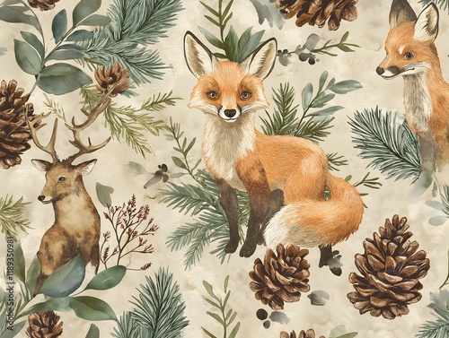 Rustic woodland pattern with foxes, deer, and pinecones, vintage muted greens and browns