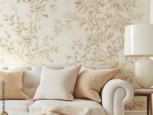 Victorian-style floral wallpaper with intricate botanical details, cream and gold color scheme