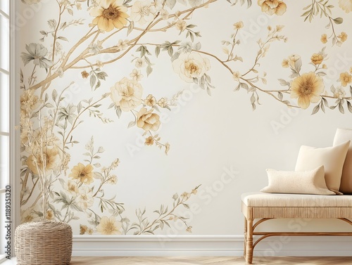 Victorian-style floral wallpaper with intricate botanical details, cream and gold color scheme