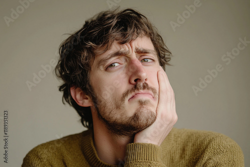 Young man with a thoughtful expression resting his chin on hand in a neutral setting during daylight hours photo