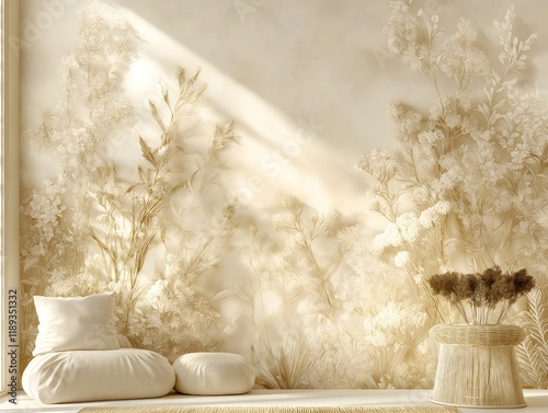 Victorian-style floral wallpaper with intricate botanical details, cream and gold color scheme