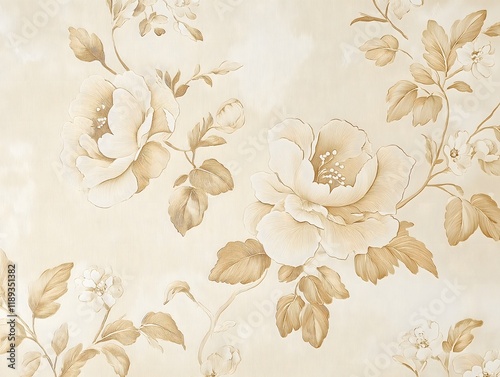 Victorian-style floral wallpaper with intricate botanical details, cream and gold color scheme