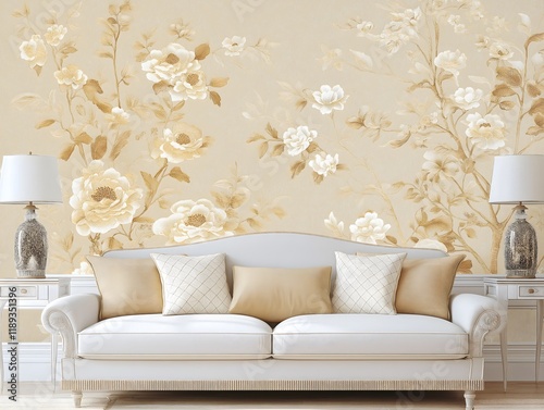 Victorian-style floral wallpaper with intricate botanical details, cream and gold color scheme