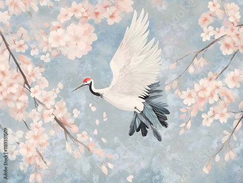 Vintage Japanese-inspired floral print with cherry blossoms and cranes, soft blue and blush hues