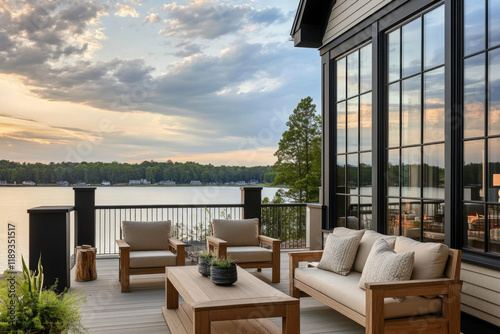 Wooden house with terrace over lake 
