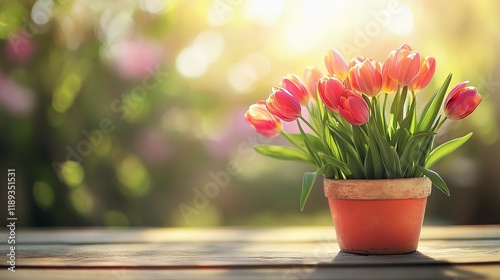 Sunlit Tulips in Terracotta Pot: A vibrant bouquet of red and orange tulips in a rustic terracotta pot, bathed in warm sunlight on a weathered wooden table, creating a cheerful spring scene.