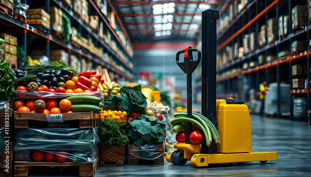 Fototapeta premium Pallet Jack Loading Fresh Produce at a Warehouse