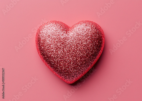 Glittery red heart on soft pink background, evoking love and romance