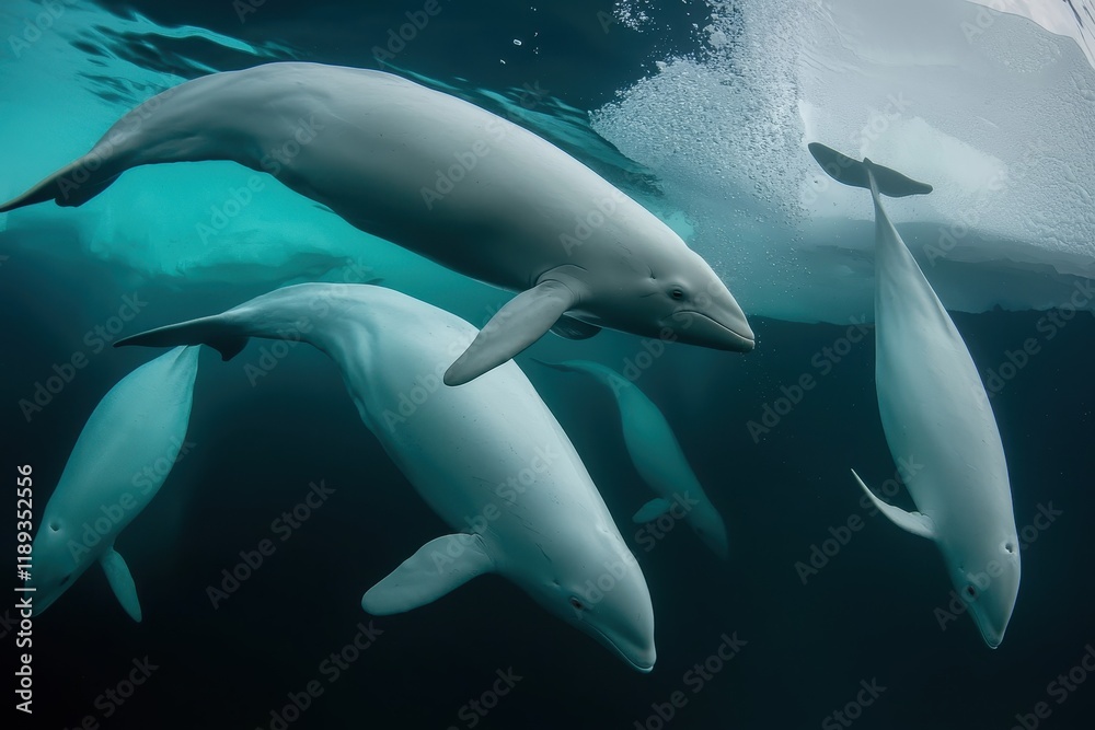 Fototapeta premium A pod of beluga whales swimming gracefully beneath the icy surface of the Arctic Ocean