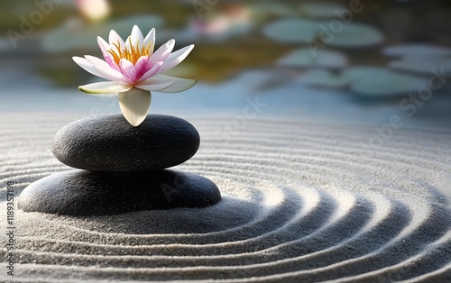 Zen Garden with Sand Patterns, Spa Stones and Lily Flower at Dusk - Tranquil Meditation, Relaxation, and Mindfulness Concept, Generative Ai