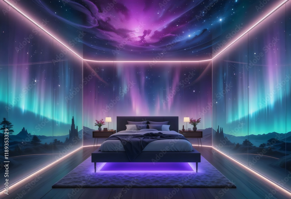 Modern Bedroom with Aurora Borealis View and Platform Bed Modern Bedroom with Aurora Borealis View and Platform Bed