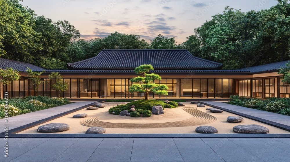 Tranquil Japanese Zen Garden at Dusk A Serene Escape for Mindfulness and Relaxation. Tranquil Japanese Zen Garden at Dusk A Serene Escape for Mindfulness and Relaxation.