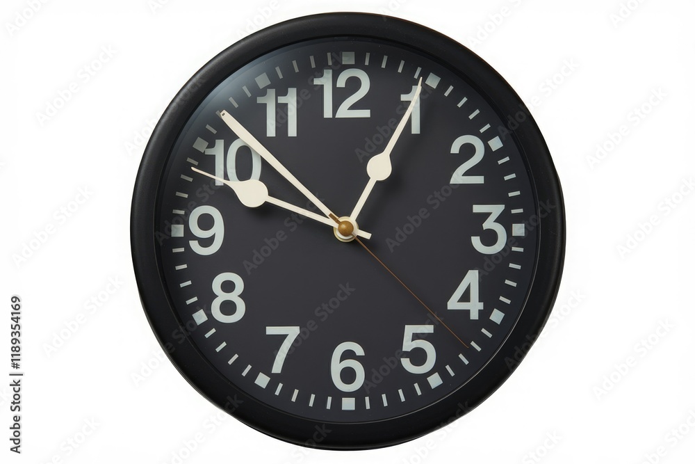 A simple, classic black wall clock with white numerals, displaying the time. A simple, classic black wall clock with white numerals, displaying the time.