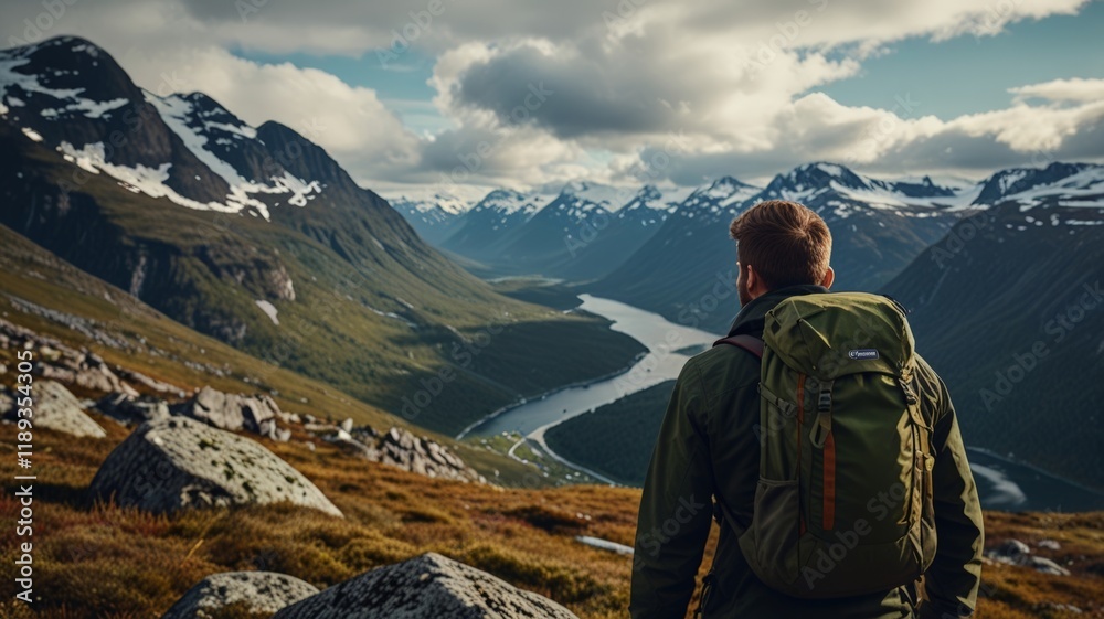 Backpacker in majestic northern mountains with rugged terrain and a heavy backpack Backpacker in majestic northern mountains with rugged terrain and a heavy backpack