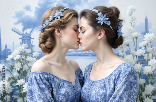 Close Up Lesbian Couple In Delftware Blue At 11-1-2025 photo