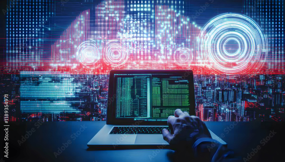 Obraz premium Hacker coding on laptop, city background, cybersecurity, data protection
