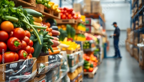 Fresh Produce Display at a Wholesale Market with Workers in Background