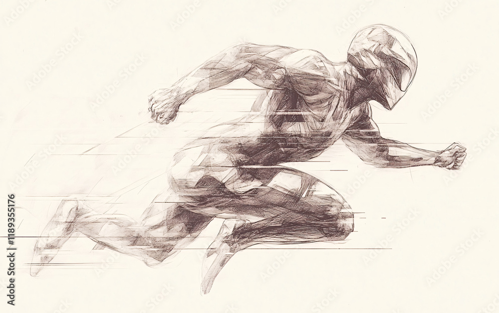 Dynamic analytic drawing of a runner in motion with abstract motion trails, emphasizing speed, athleticism, and determination through minimalist and expressive techniques, ideal for sports and movemen Dynamic analytic drawing of a runner in motion with abstract motion trails, emphasizing speed, athleticism, and determination through minimalist and expressive techniques, ideal for sports and movemen