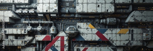 Detailed Sci Fi Spacecraft Exterior with Panels Pipes and Lights Texture Background