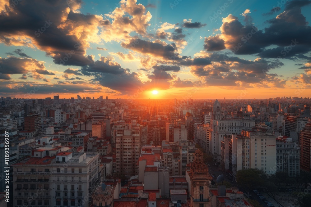 Obraz premium Breathtaking sunset over Buenos Aires, Argentina captivating the skyline with vibrant colors and dramatic clouds, signaling the end of the day in a bustling city