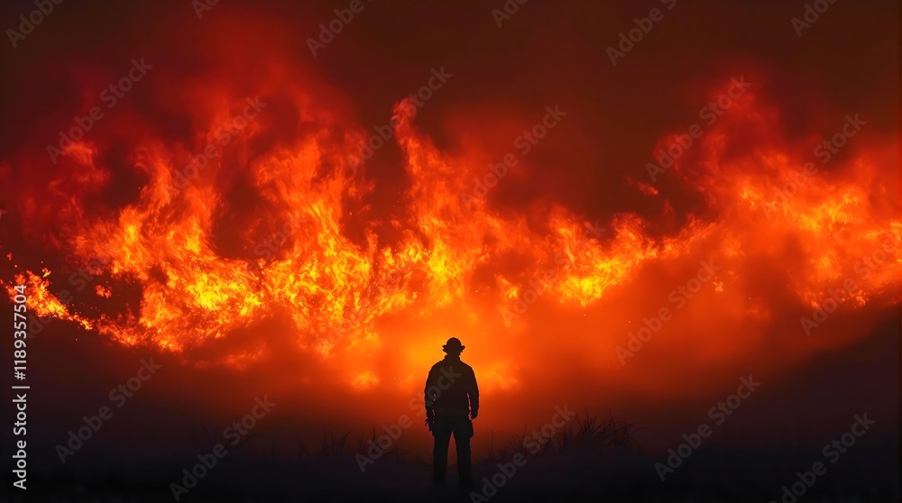 Firefighter Standing in Front of a Large Wildfire at Night Firefighter Standing in Front of a Large Wildfire at Night