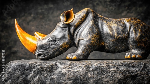 Artistic Rhino Sculpture on Textured Rock Background Capturing Nature's Beauty and Craftsmanship photo