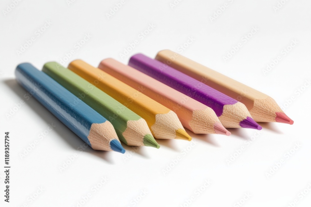 close-up of six colored pencils in a row close-up of six colored pencils in a row