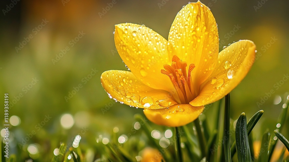 Fototapeta premium Macro Shot of a Single Yellow Spring Flower with Dew in Meadow