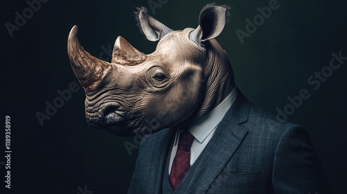 A surreal image of a man in a suit with a rhinoceros head. photo