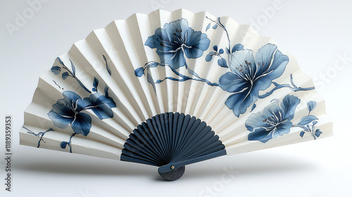 Handheld folding fan with blue floral design on off-white paper.  Dark blue wooden handle. Isolated on white background. photo